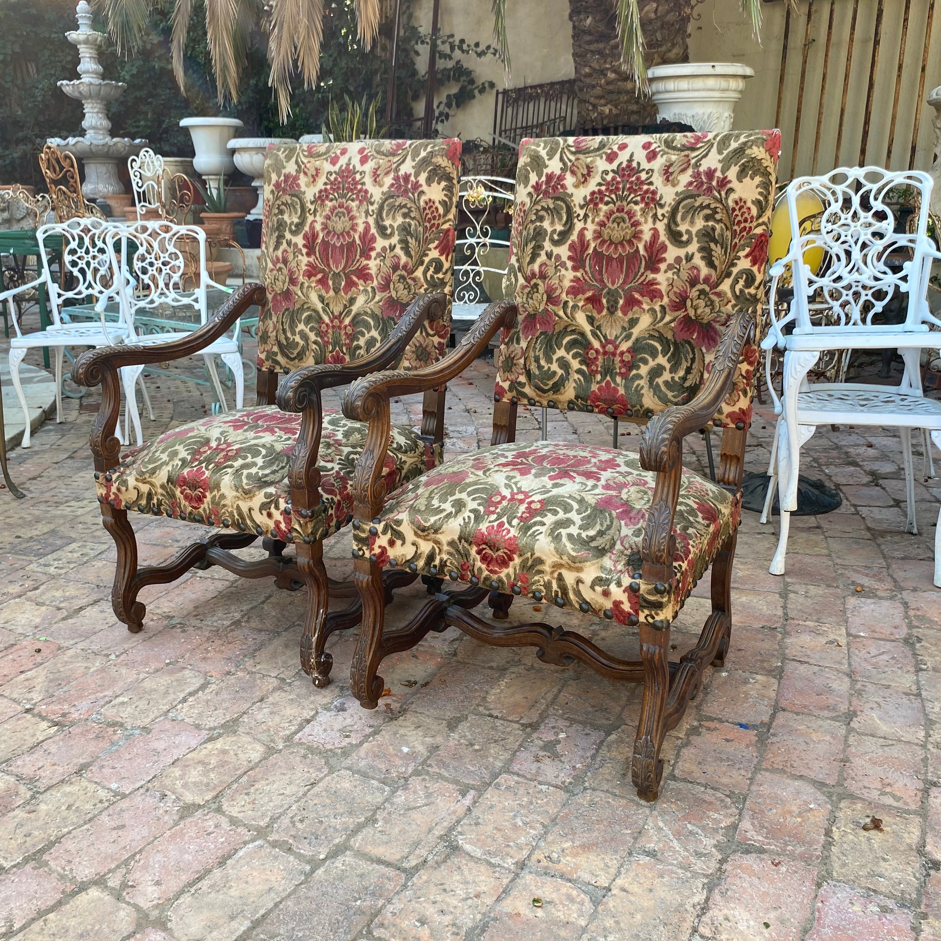 Large Pair of Carved Oak Armchairs