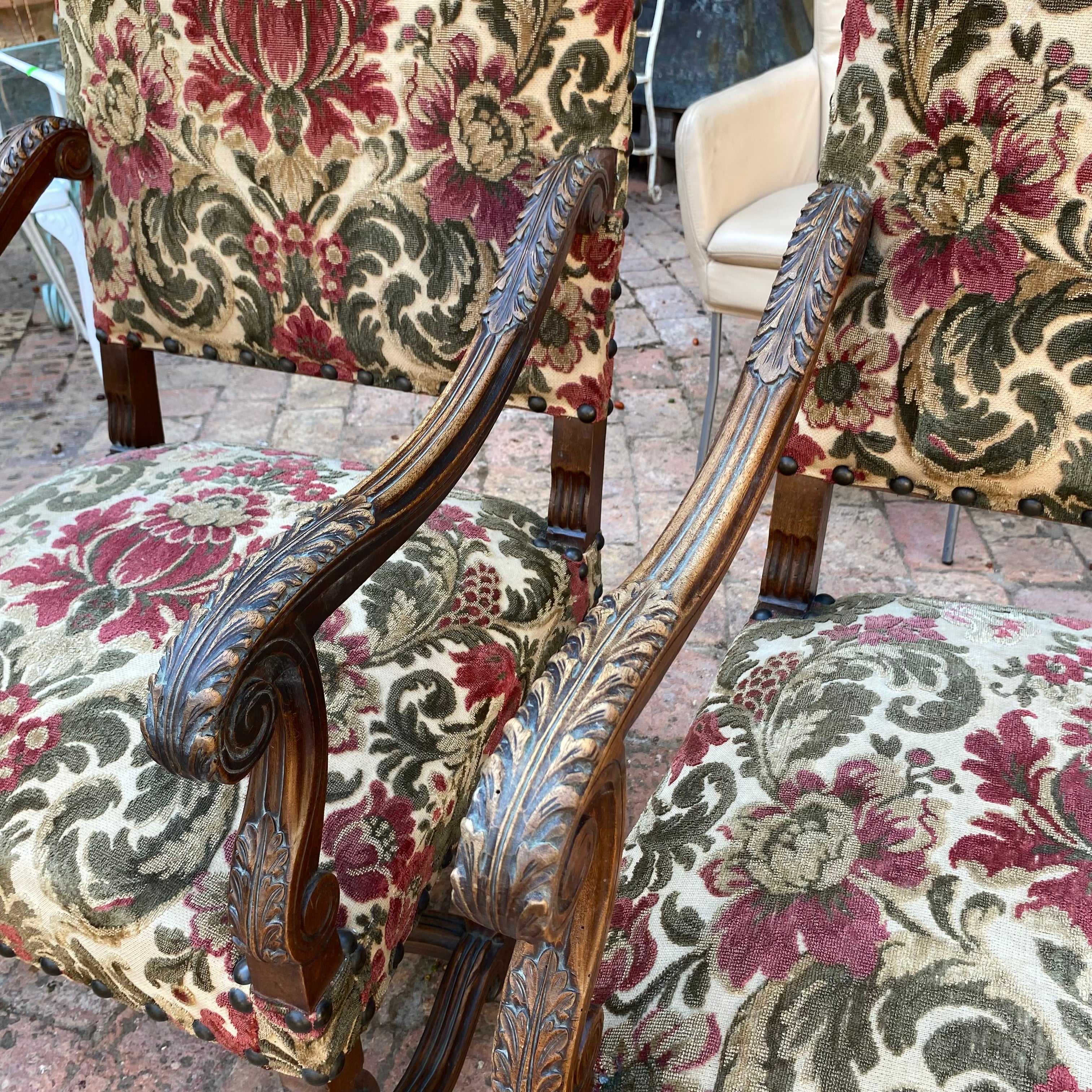 Large Pair of Carved Oak Armchairs