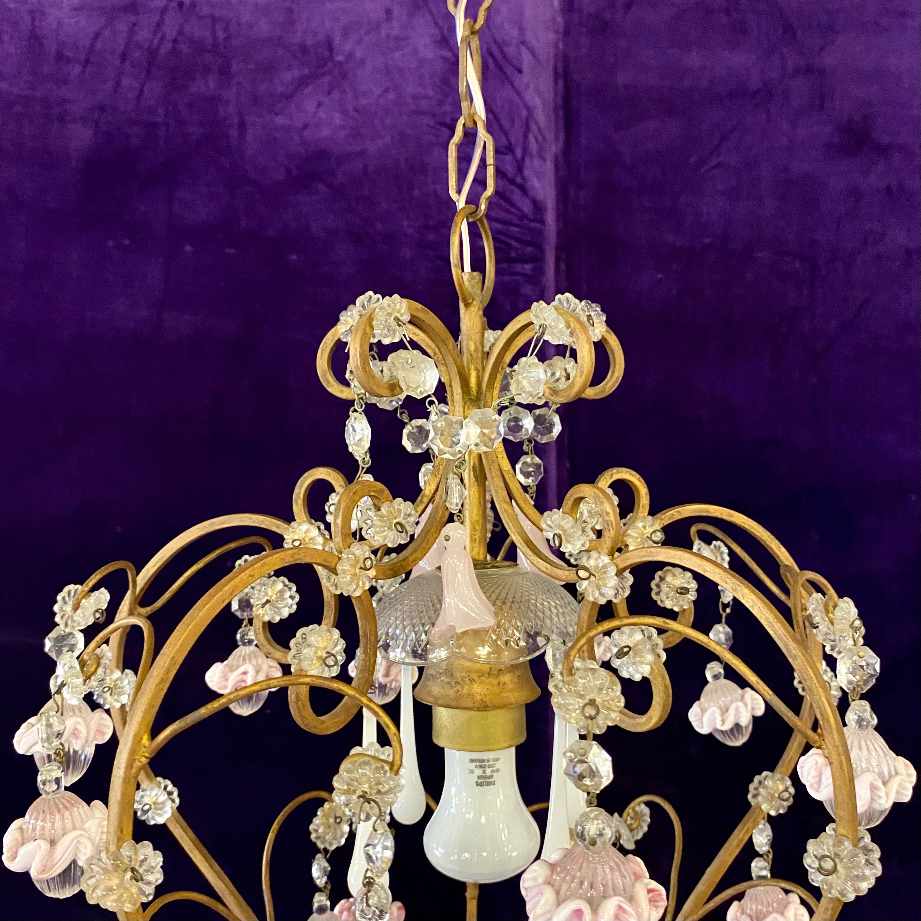 A Vintage Wrought Iron Chandelier with Glass Roses