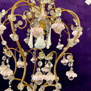 A Vintage Wrought Iron Chandelier with Glass Roses