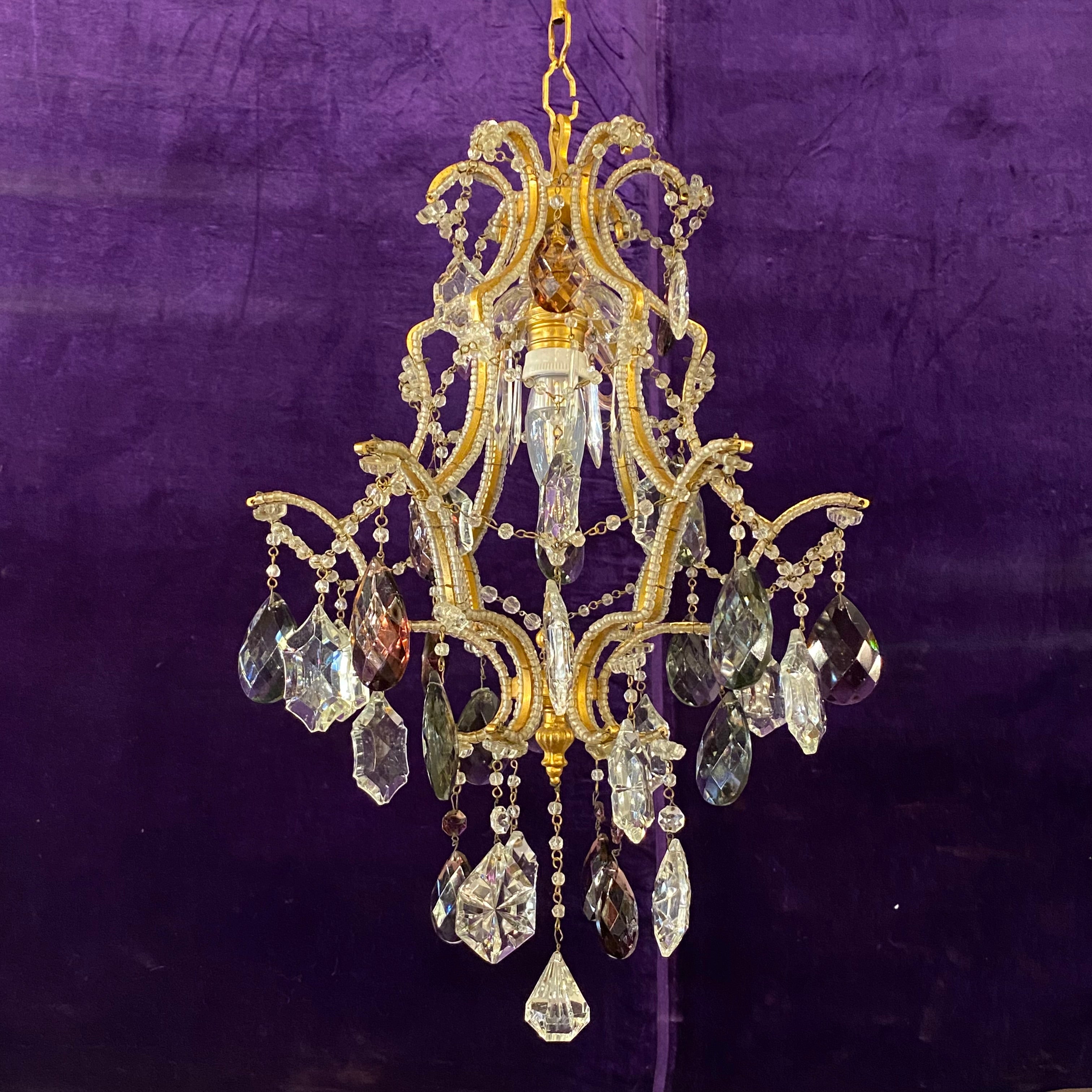 Antique Italian Cage Chandelier with Coloured Crystals