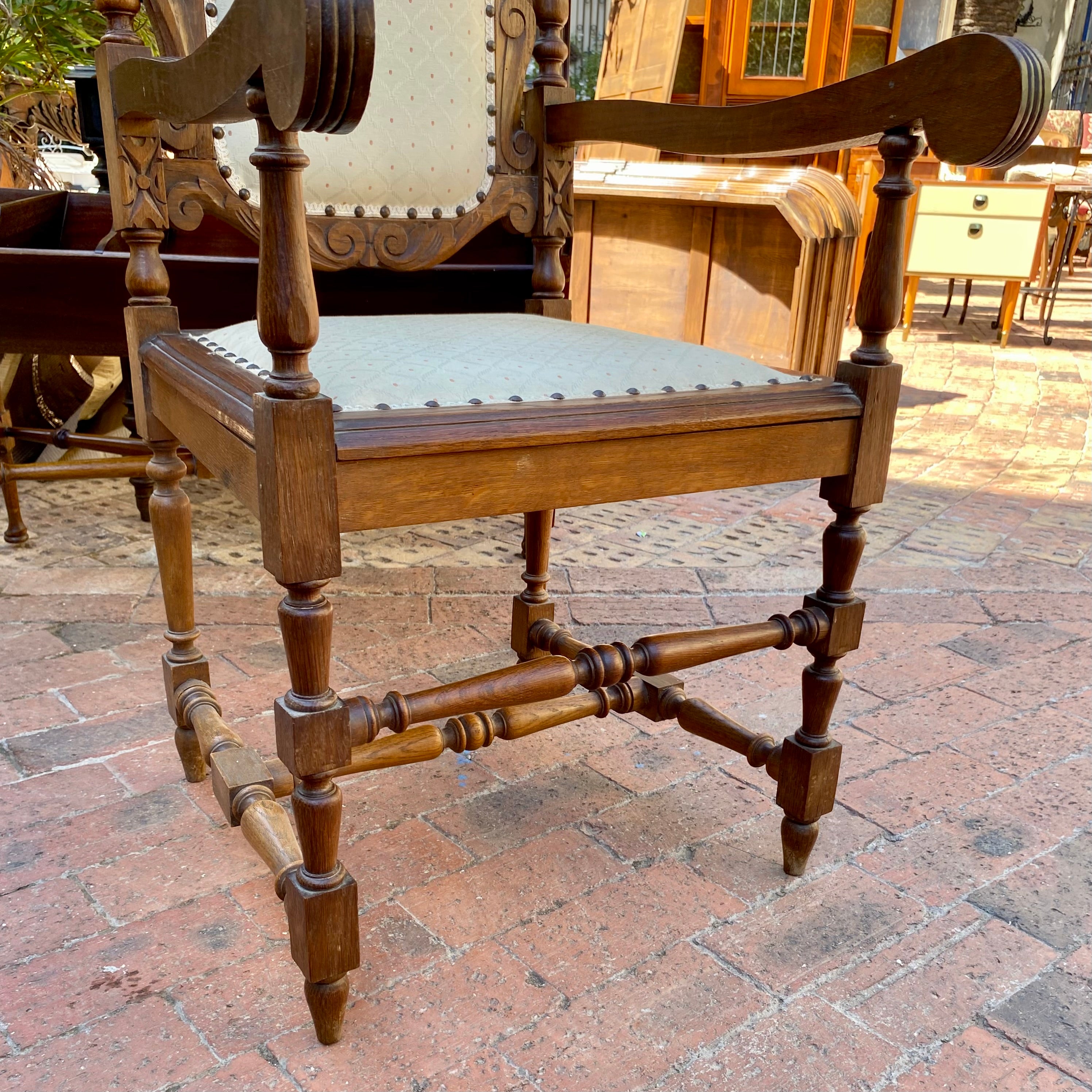 Antique Carved Chair with Brass Studs