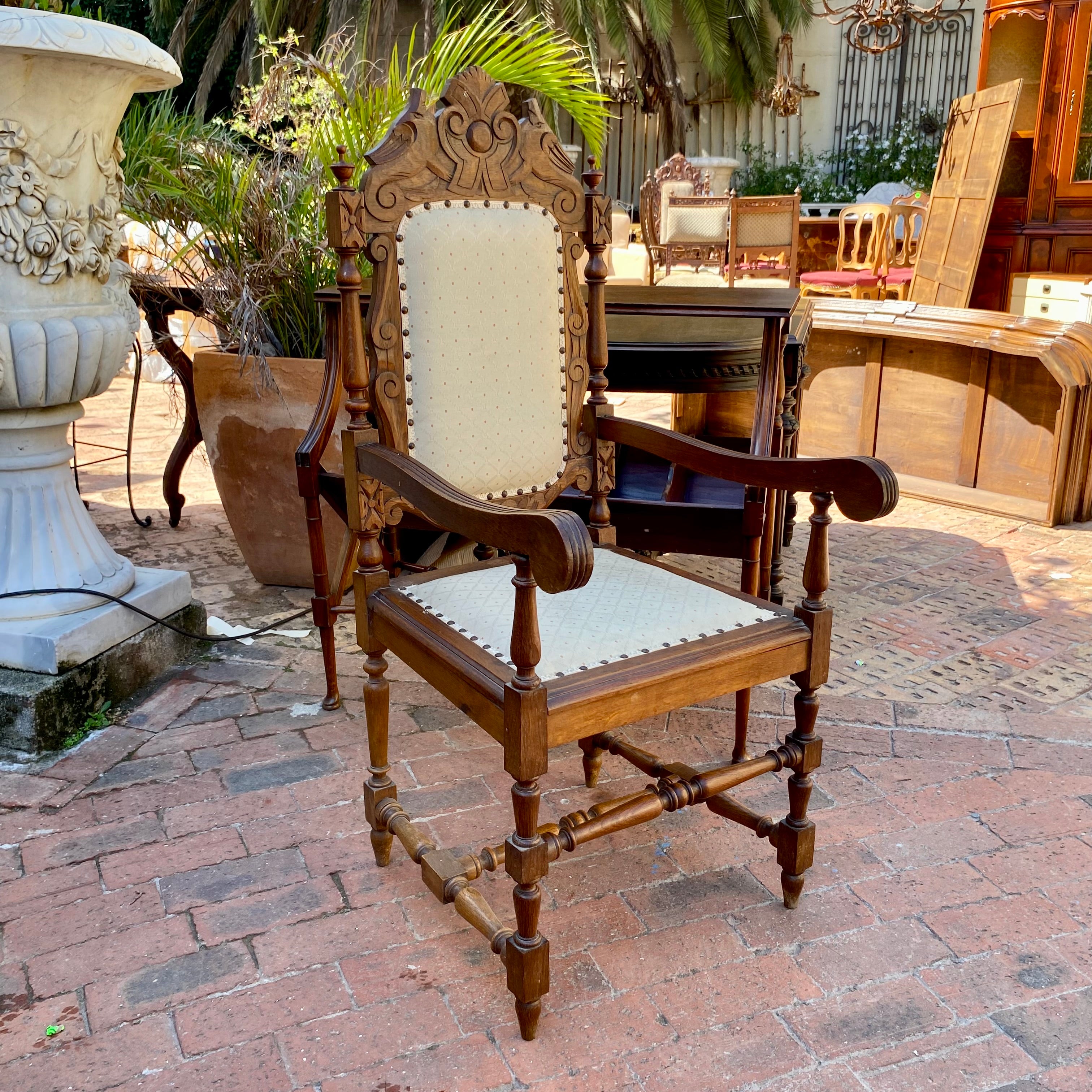 Antique Carved Chair with Brass Studs