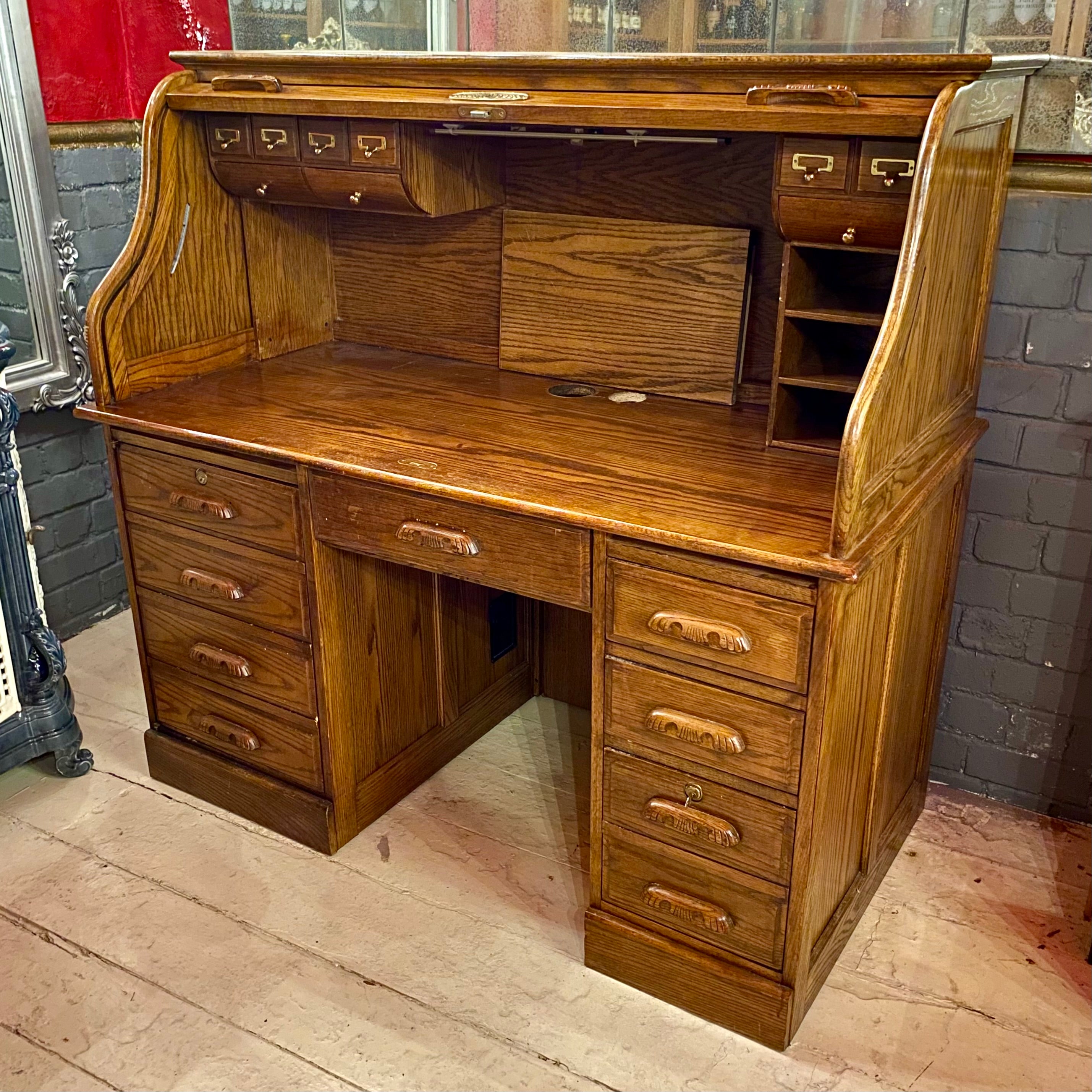 Large Vintage Teak Roll Top Desk with Brass Accents