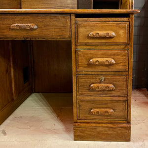 Large Vintage Teak Roll Top Desk with Brass Accents