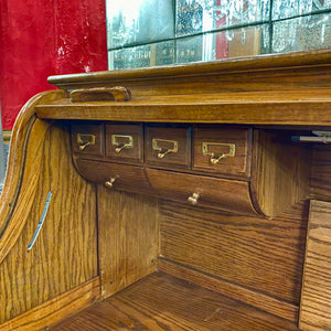 Large Vintage Teak Roll Top Desk with Brass Accents