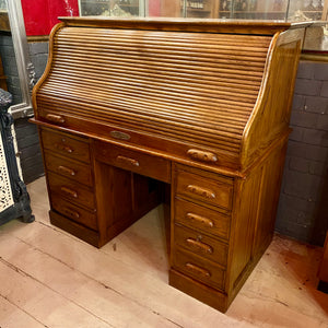 Large Vintage Teak Roll Top Desk with Brass Accents