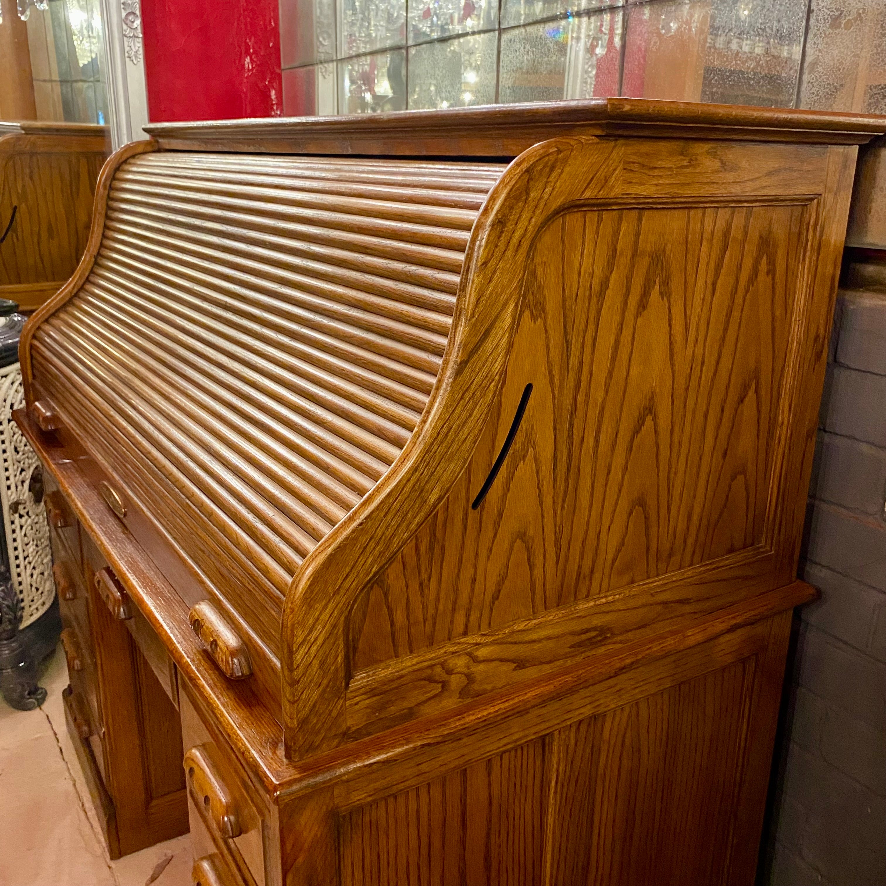 Large Vintage Teak Roll Top Desk with Brass Accents