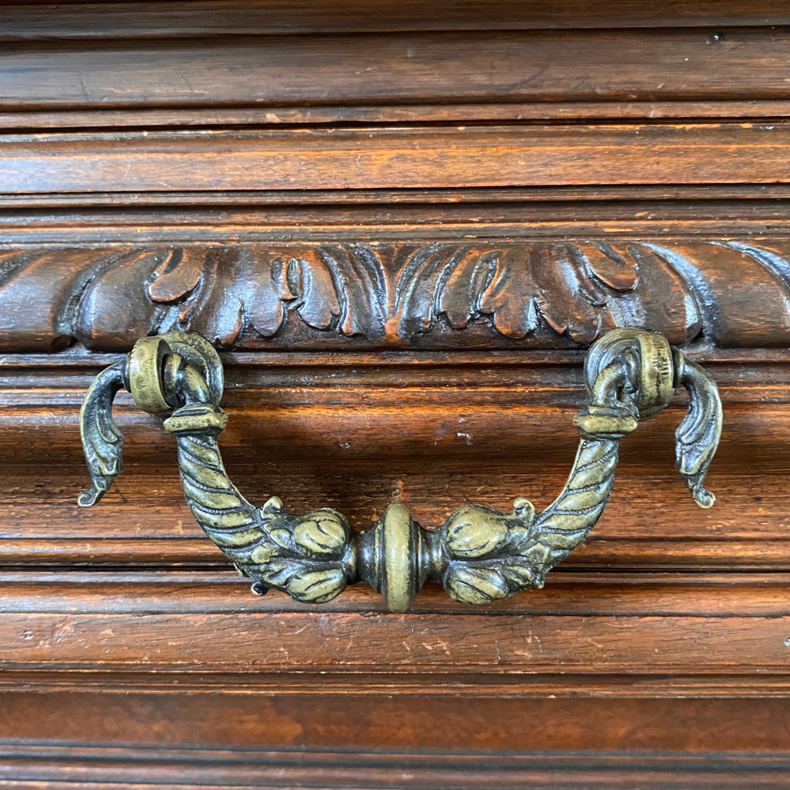 Antique Carved Oak Server with Cast Brass Handles