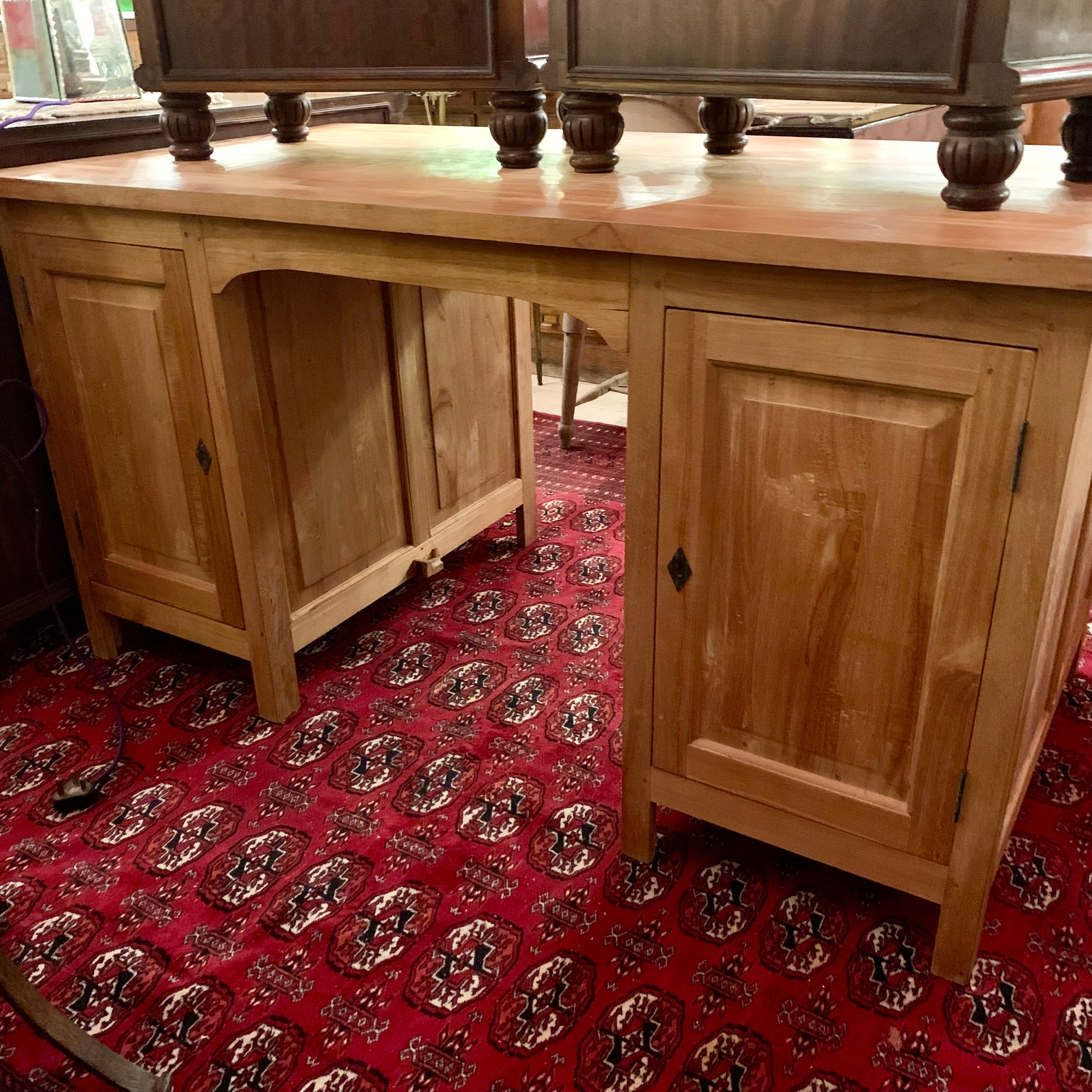 Solid Antique Teak Partner's Desk with Brass Handles