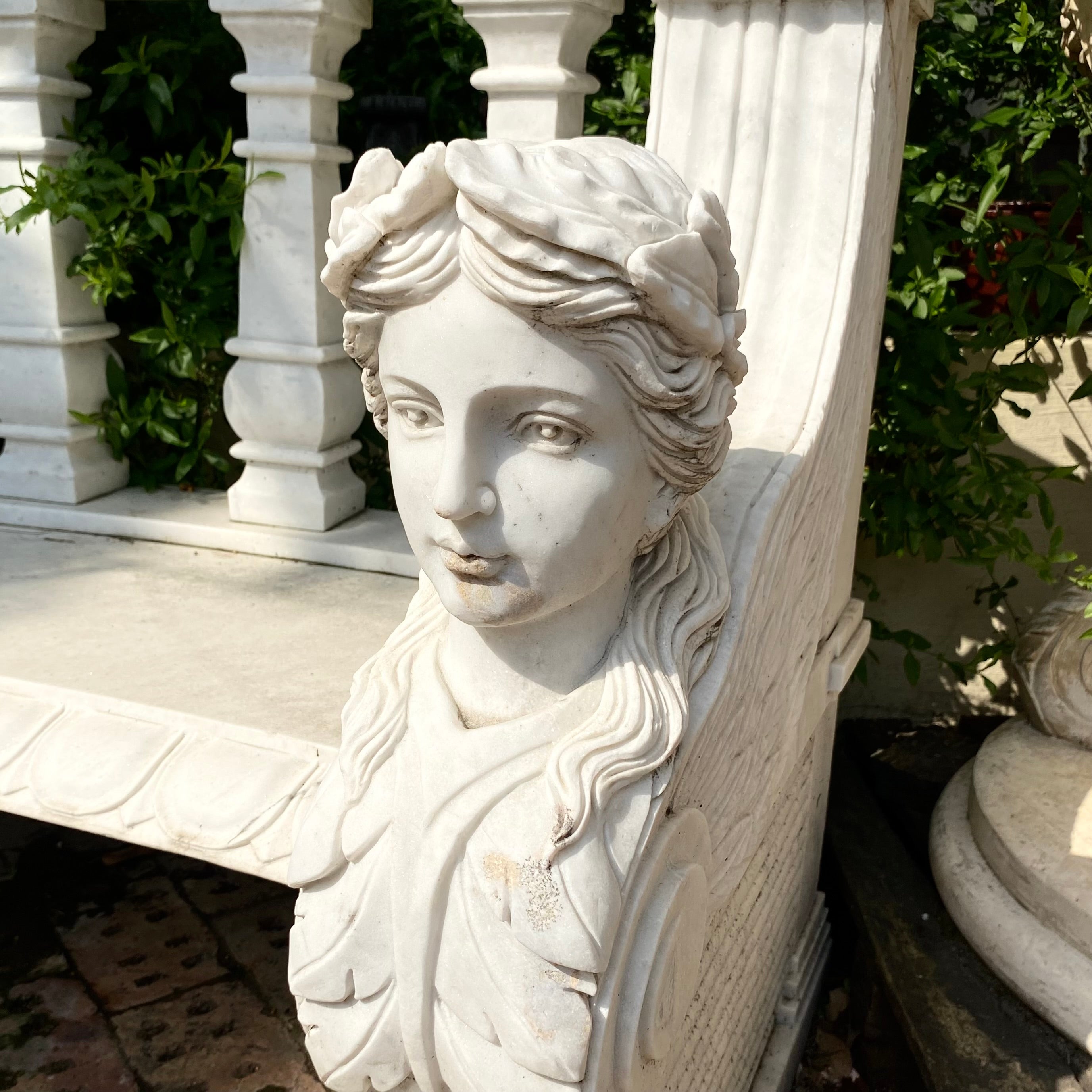 Gorgeous Hand Carved White Marble Bench