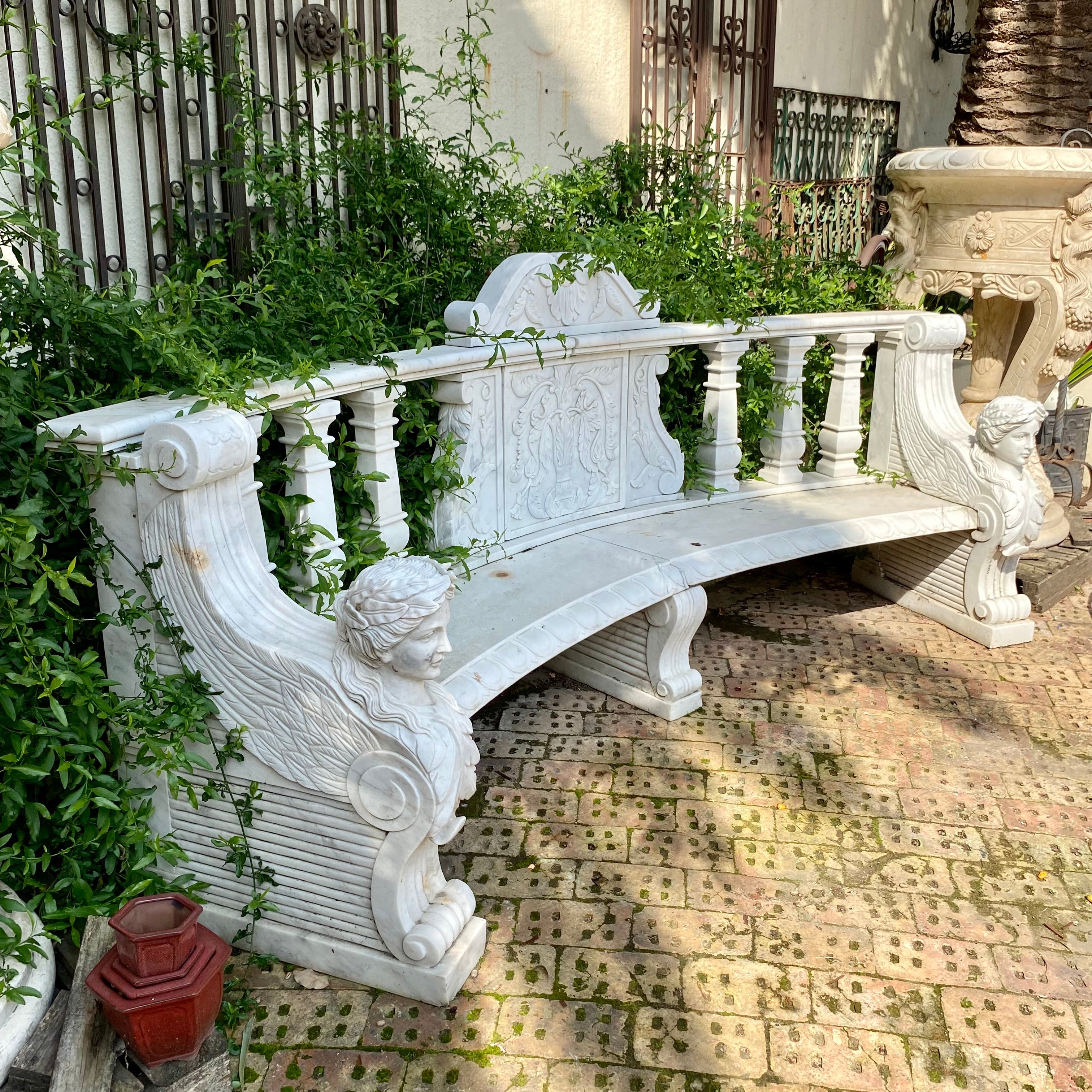 Gorgeous Hand Carved White Marble Bench