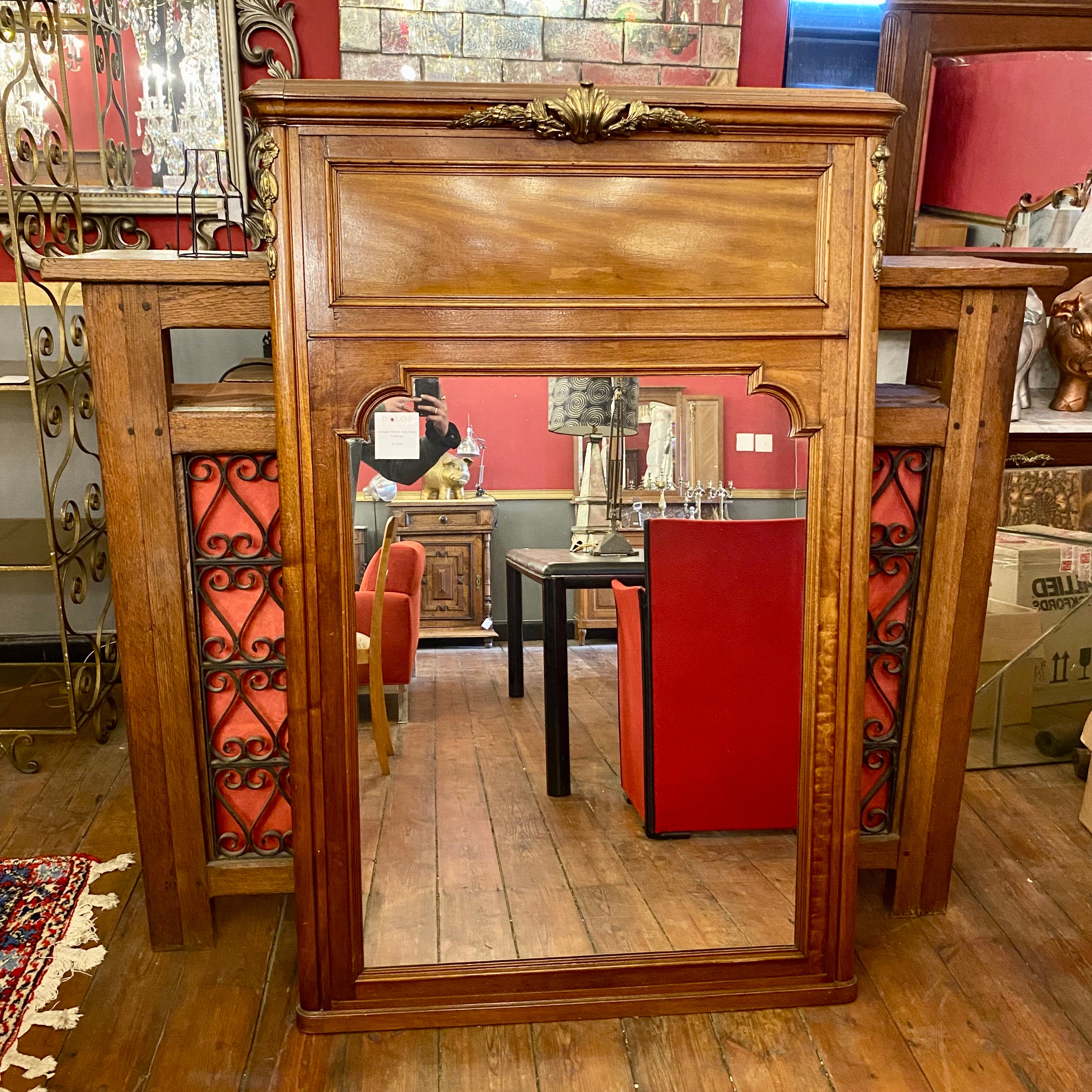 Antique French Oak Mirror with Brass Castings