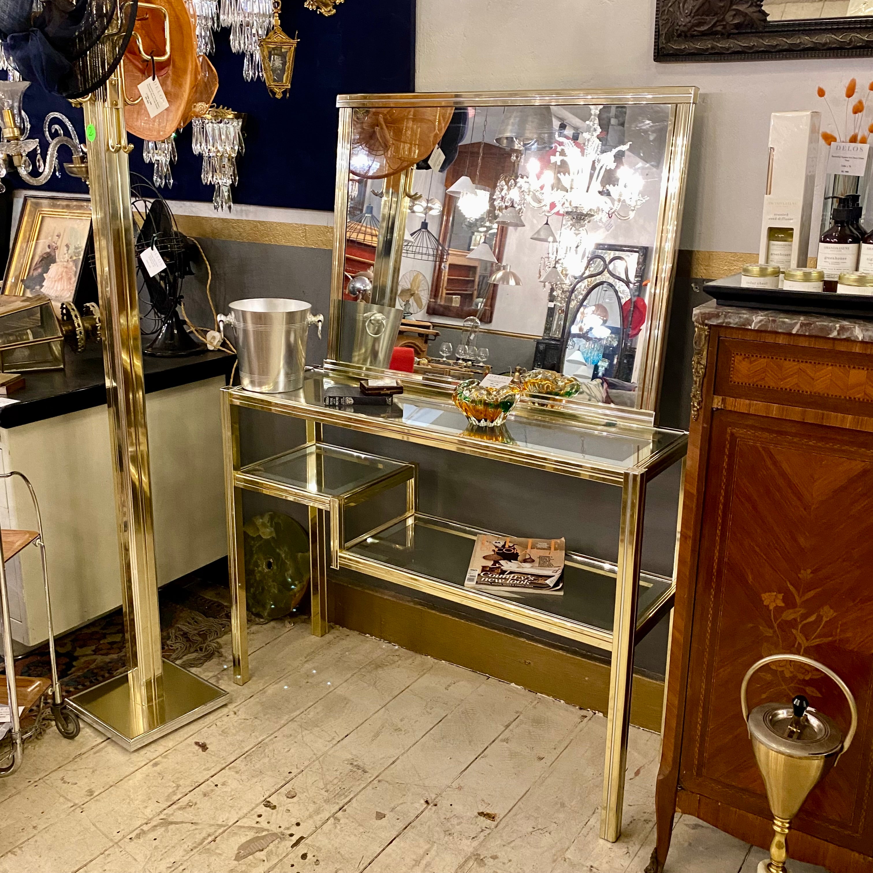 Vintage Polished Brass and Glass Mirror Console Set