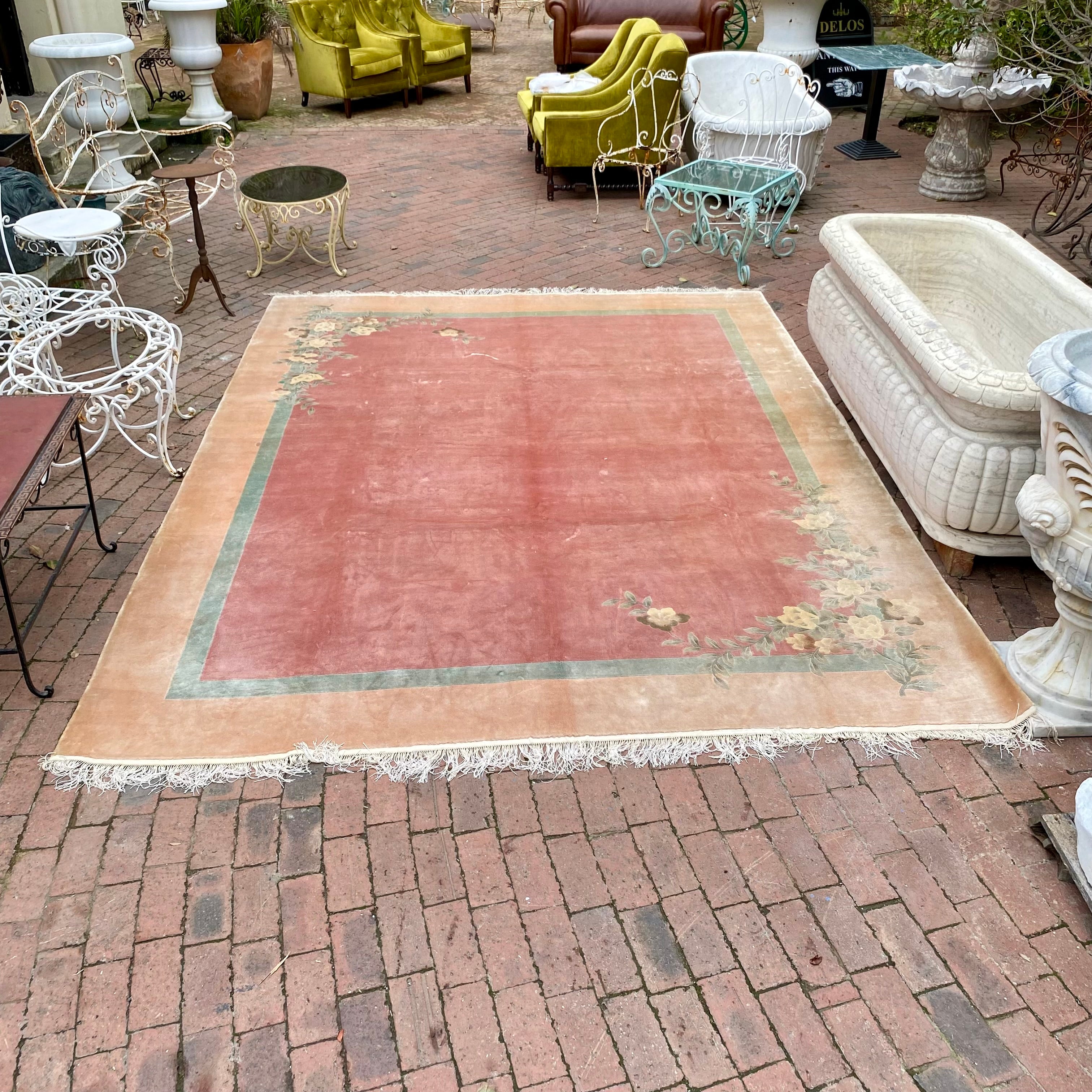 Large Vintage Muted Tone Carpet with Floral Detail