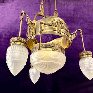 Empire Era Brass Pendant with Original Glass Shades