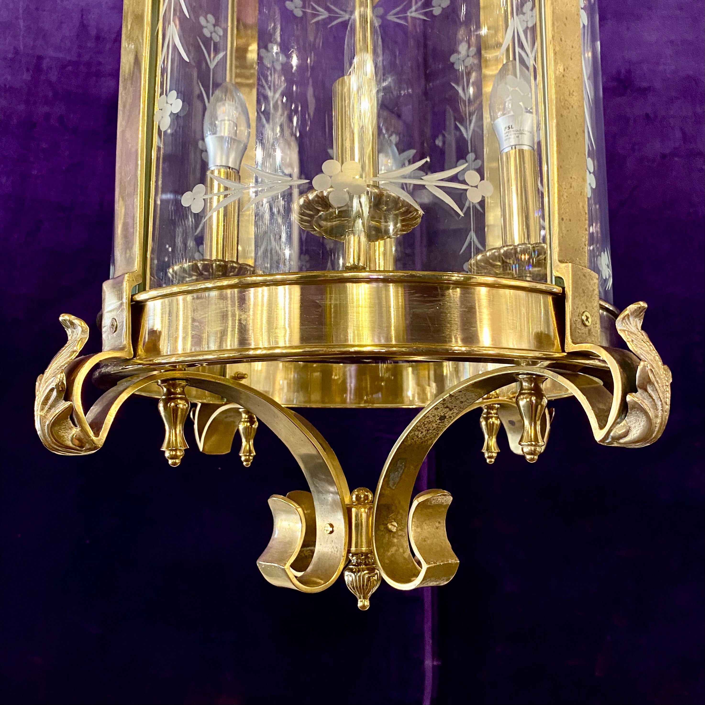 Brass Lantern with Frosted Etched Glass