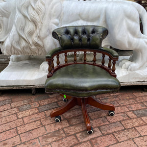 Beautiful Antique Green Leather Captain's Chair - SOLD