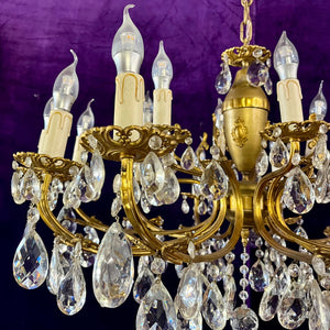 Antique Aged Brass and Crystal Chandelier - SOLD