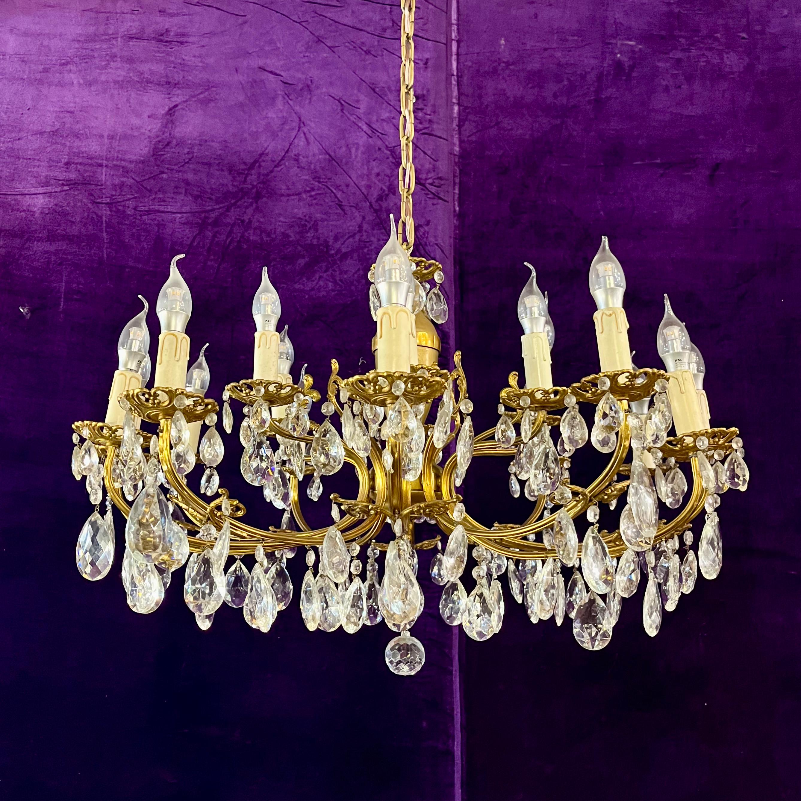 Antique Aged Brass and Crystal Chandelier - SOLD
