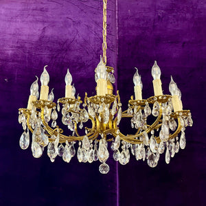 Antique Aged Brass and Crystal Chandelier - SOLD