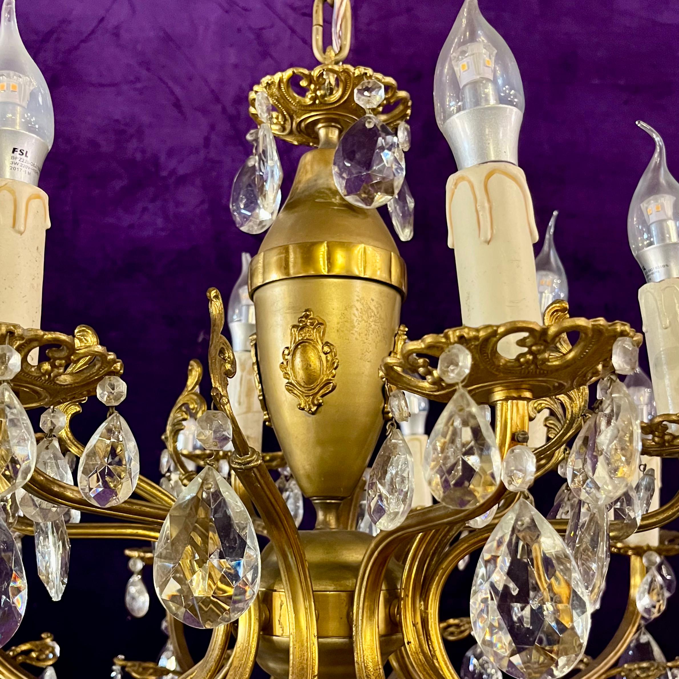 Antique Aged Brass and Crystal Chandelier - SOLD