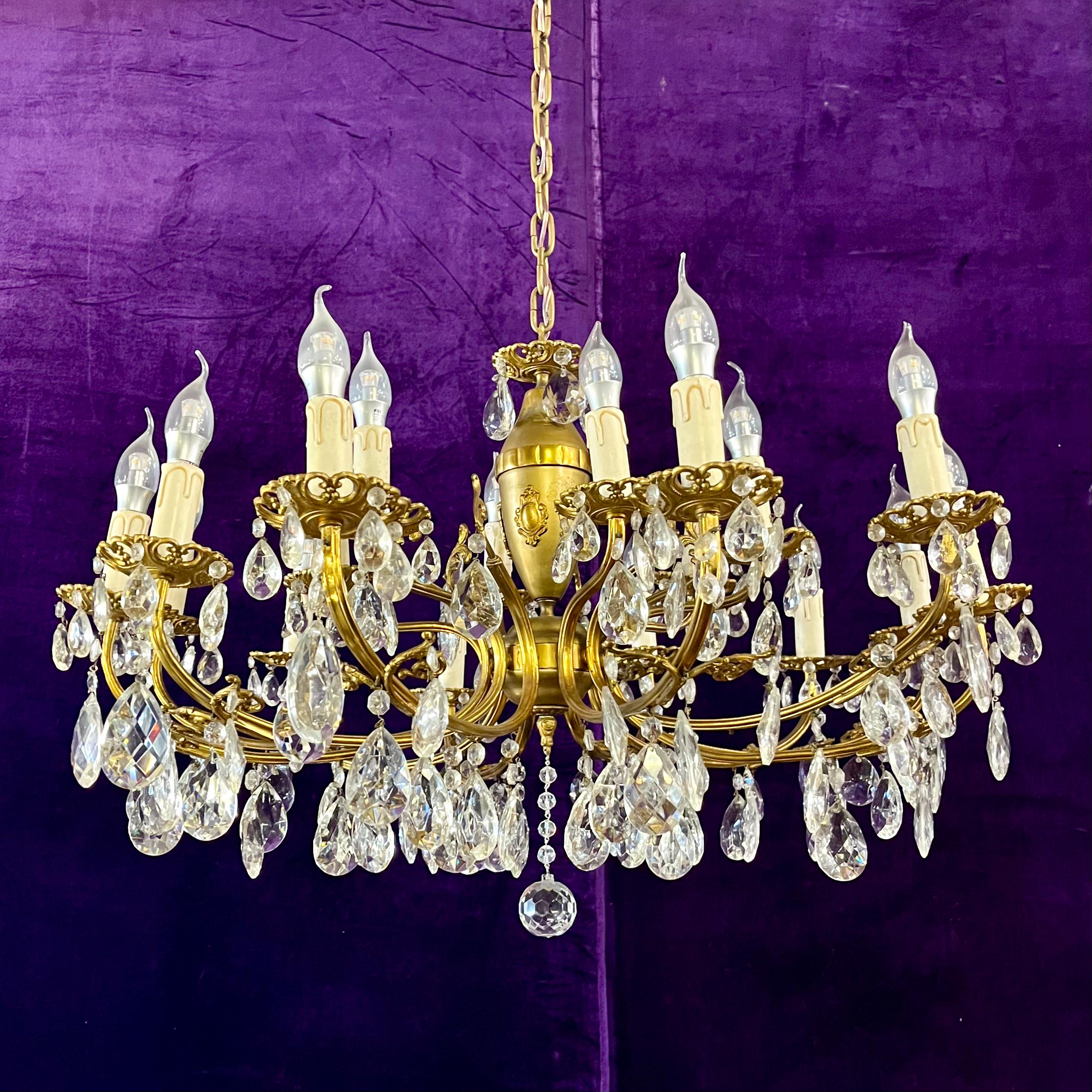 Antique Aged Brass and Crystal Chandelier - SOLD