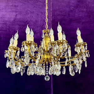 Antique Aged Brass and Crystal Chandelier - SOLD