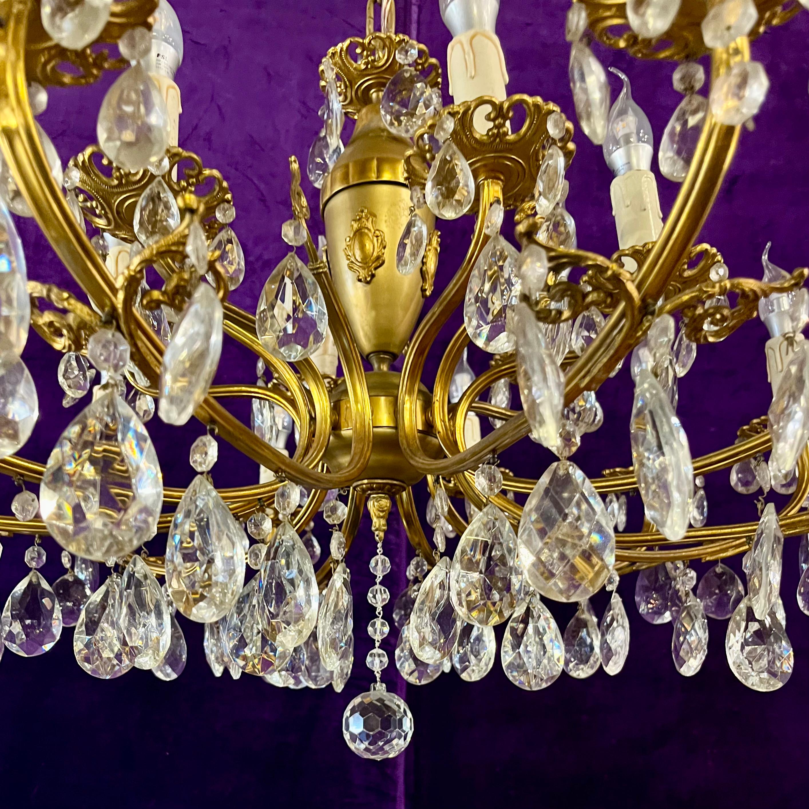 Antique Aged Brass and Crystal Chandelier - SOLD