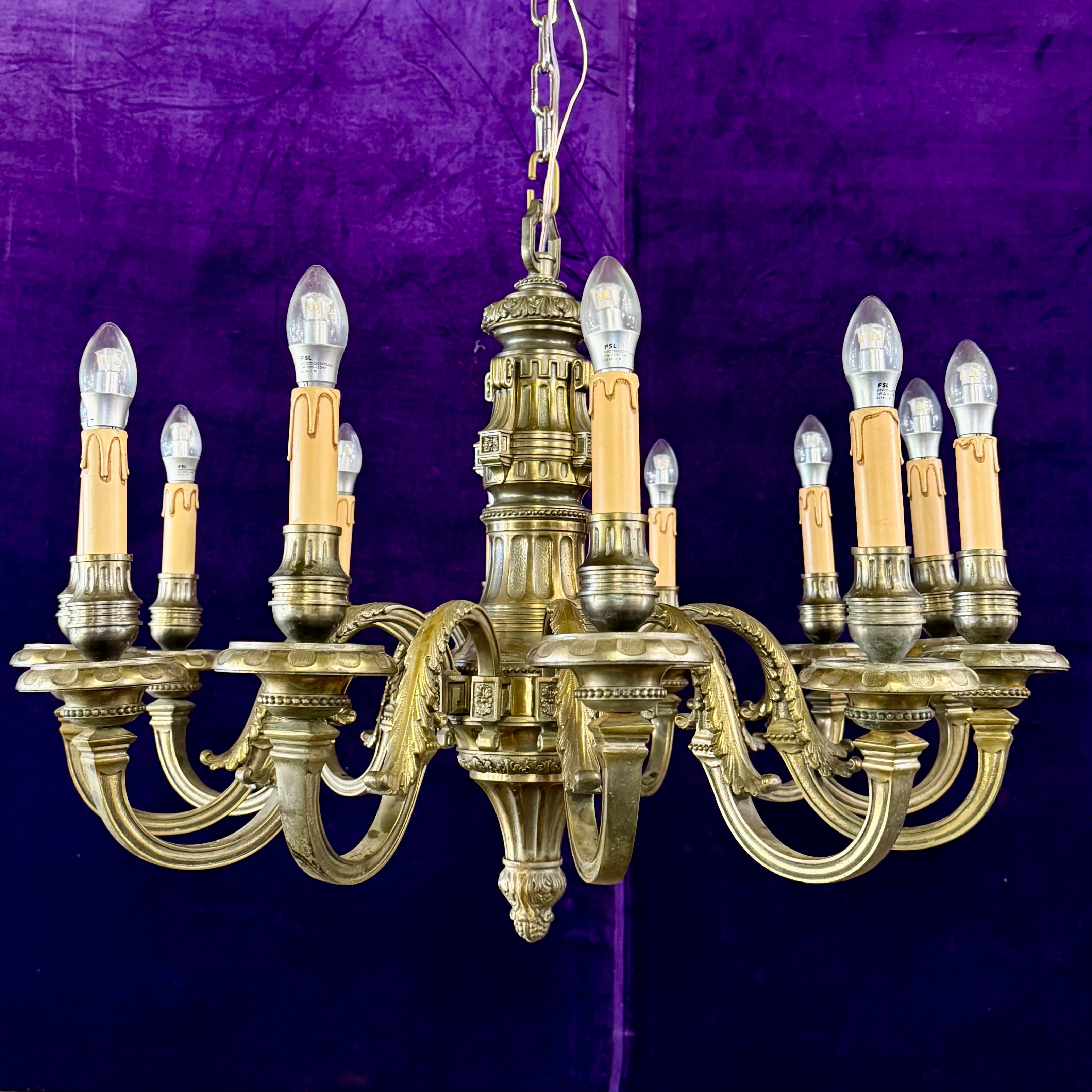 Antique Heavy Cast Brass Chandelier with Neoclassical Detailing, 19th Century
