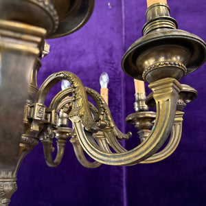 Antique Heavy Cast Brass Chandelier with Neoclassical Detailing, 19th Century