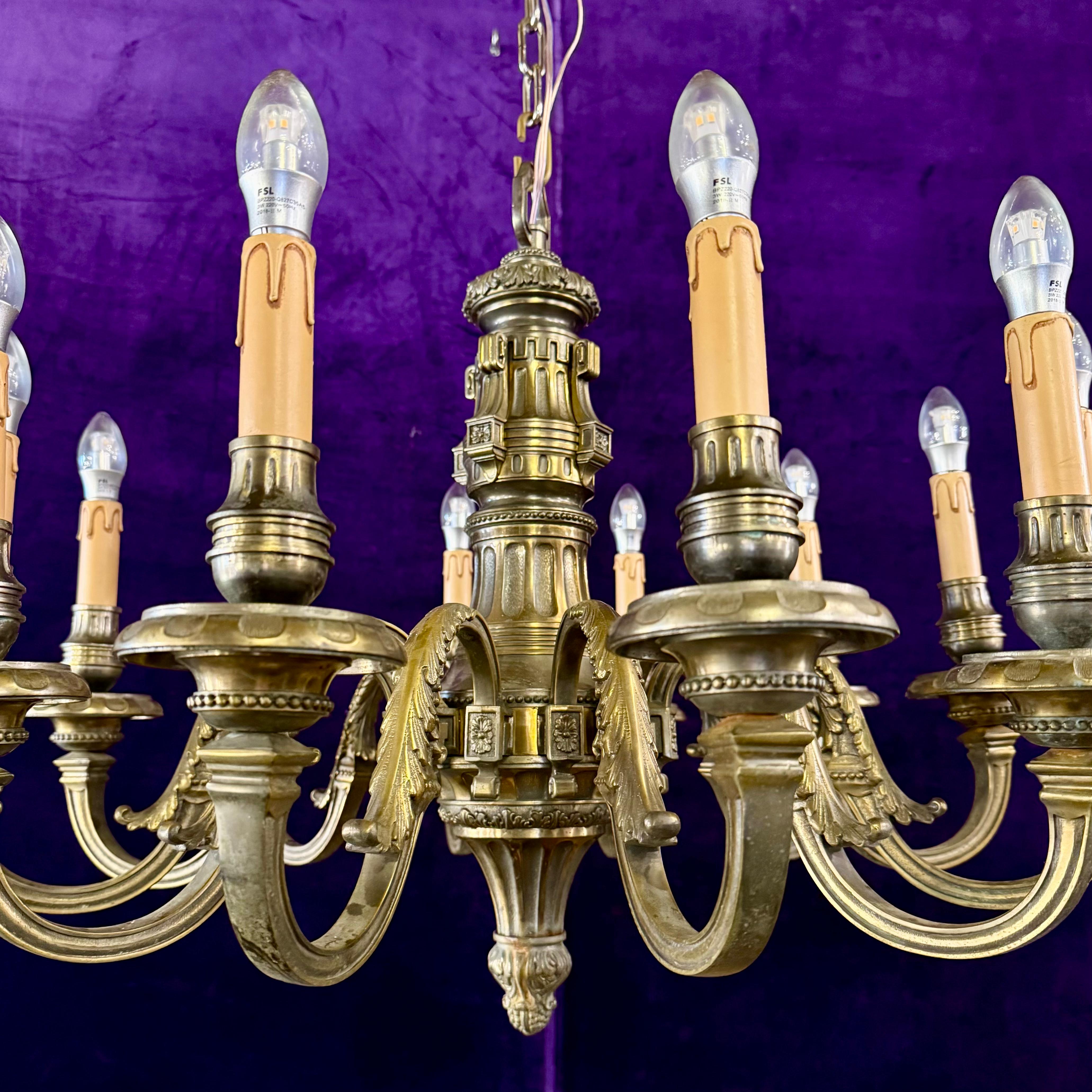 Antique Heavy Cast Brass Chandelier with Neoclassical Detailing, 19th Century