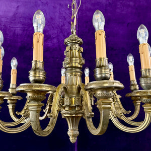Antique Heavy Cast Brass Chandelier with Neoclassical Detailing, 19th Century