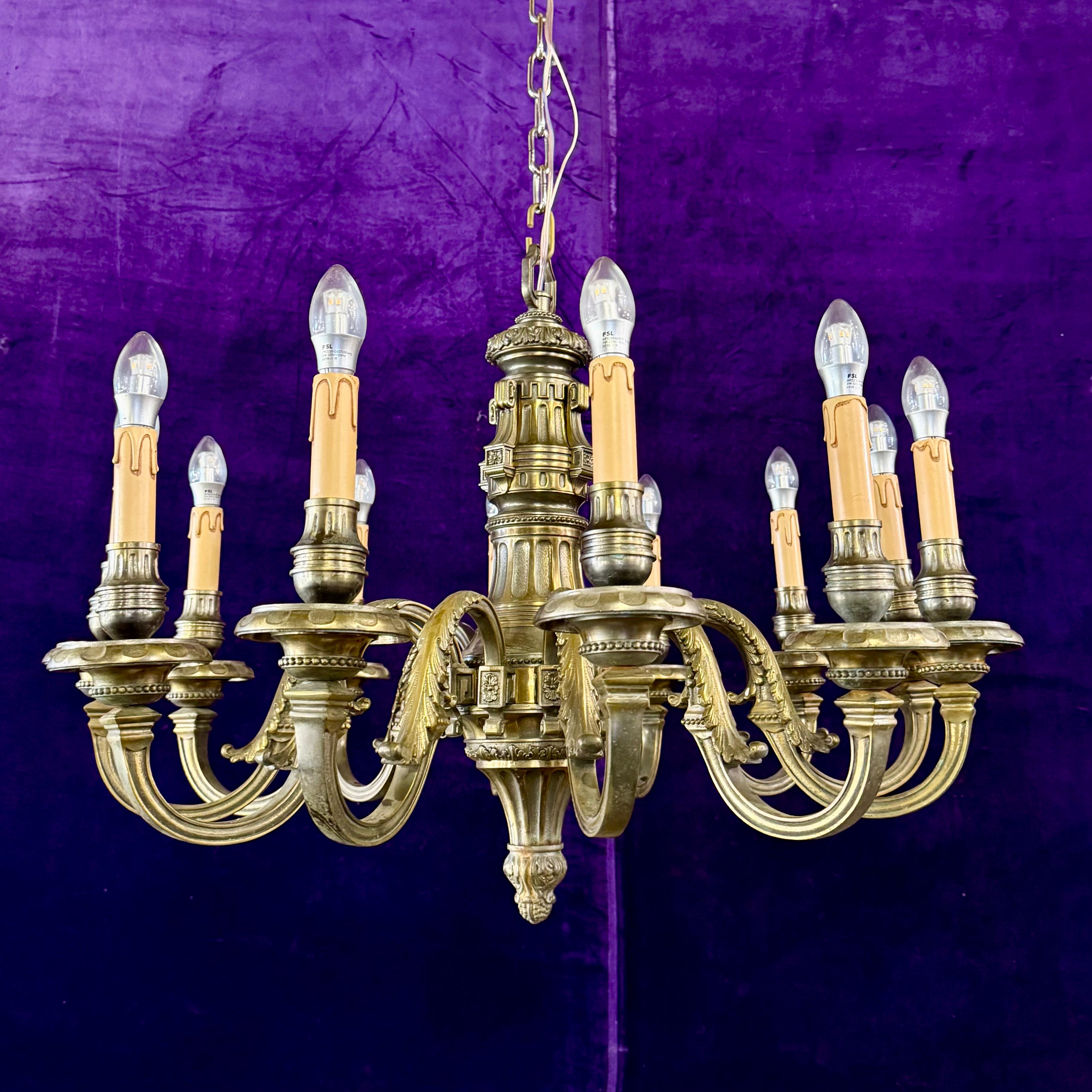 Antique Heavy Cast Brass Chandelier with Neoclassical Detailing, 19th Century