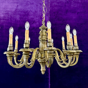 Antique Heavy Cast Brass Chandelier with Neoclassical Detailing, 19th Century