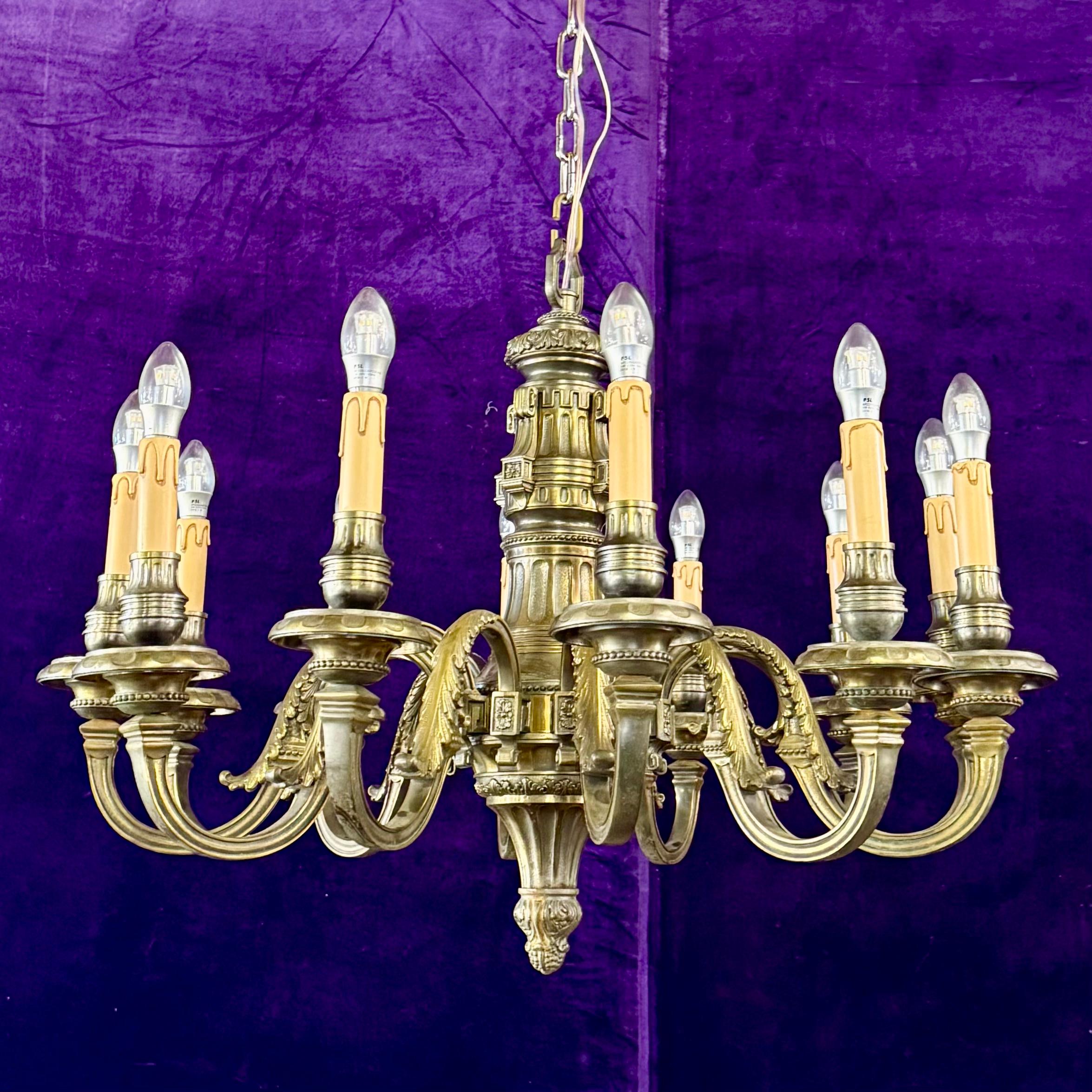 Antique Heavy Cast Brass Chandelier with Neoclassical Detailing, 19th Century