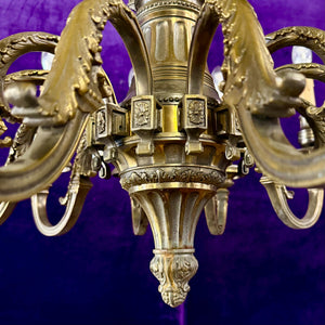 Antique Heavy Cast Brass Chandelier with Neoclassical Detailing, 19th Century