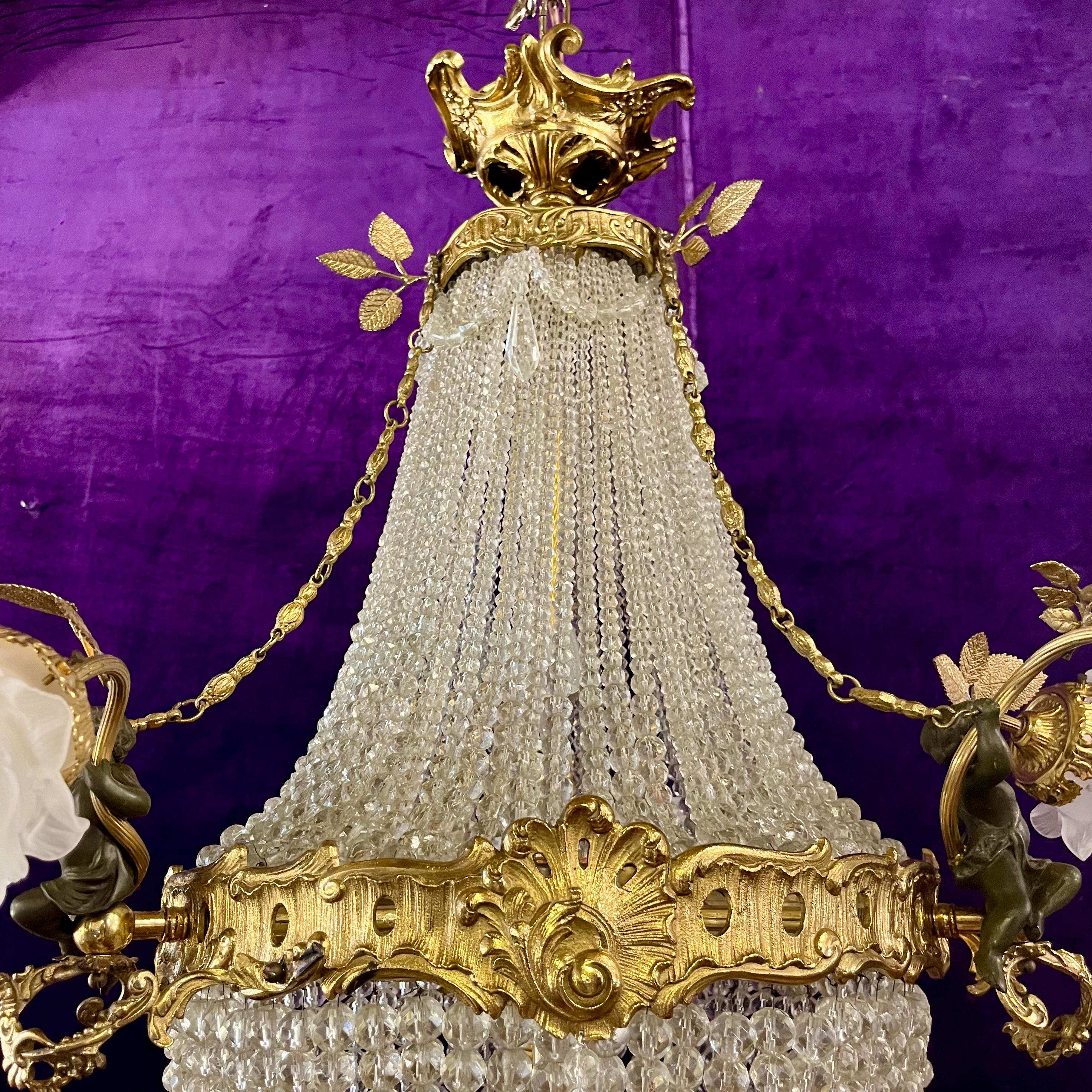Elegant Neoclassical Chandelier with Cherubs and Frosted Rose Shades, c 1920 - SOLD