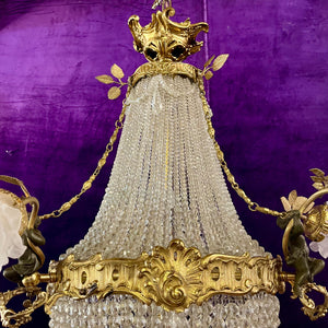 Elegant Neoclassical Chandelier with Cherubs and Frosted Rose Shades, c 1920 - SOLD