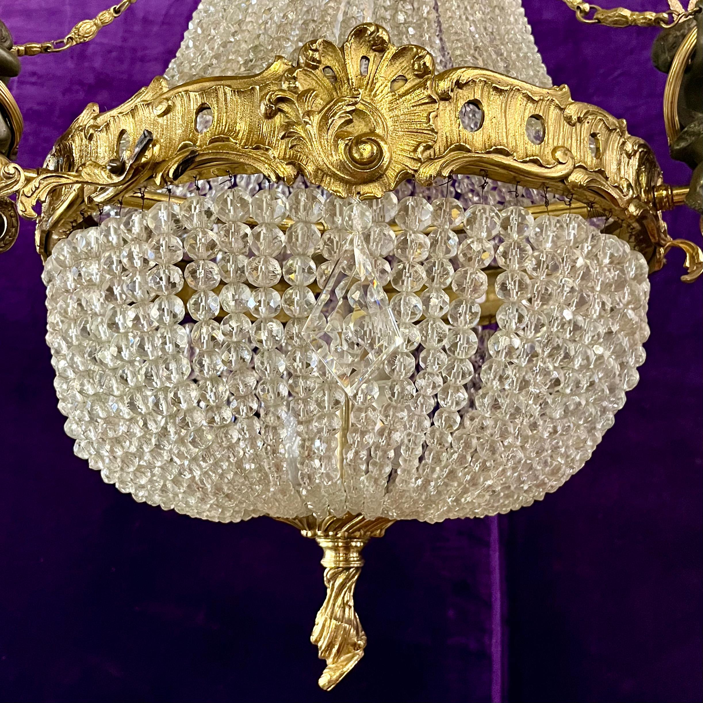 Elegant Neoclassical Chandelier with Cherubs and Frosted Rose Shades, c 1920 - SOLD