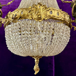 Elegant Neoclassical Chandelier with Cherubs and Frosted Rose Shades, c 1920 - SOLD