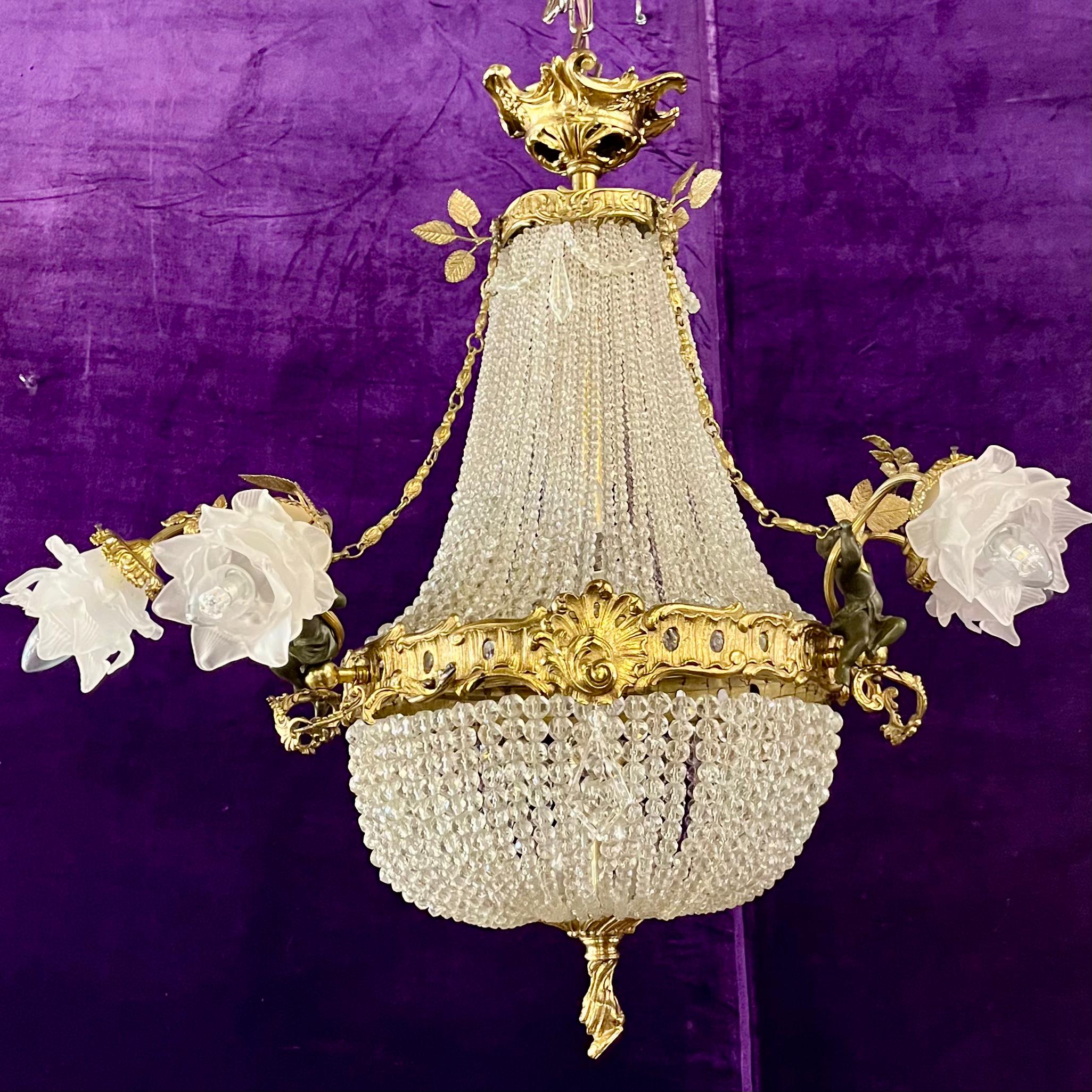 Elegant Neoclassical Chandelier with Cherubs and Frosted Rose Shades, c 1920 - SOLD
