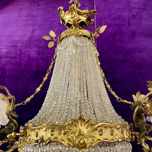 Elegant Neoclassical Chandelier with Cherubs and Frosted Rose Shades, c 1920 - SOLD