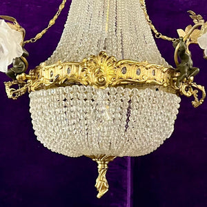 Elegant Neoclassical Chandelier with Cherubs and Frosted Rose Shades, c 1920 - SOLD