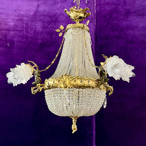 Elegant Neoclassical Chandelier with Cherubs and Frosted Rose Shades, c 1920 - SOLD