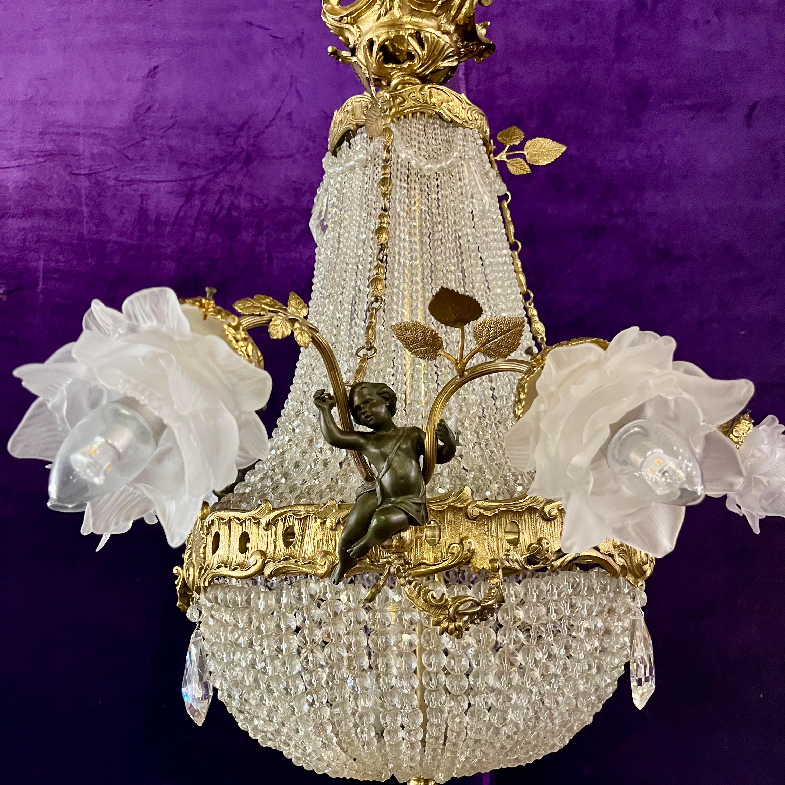 Elegant Neoclassical Chandelier with Cherubs and Frosted Rose Shades, c 1920 - SOLD