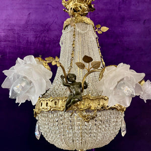 Elegant Neoclassical Chandelier with Cherubs and Frosted Rose Shades, c 1920 - SOLD