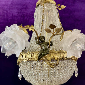 Elegant Neoclassical Chandelier with Cherubs and Frosted Rose Shades, c 1920 - SOLD