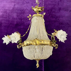 Elegant Neoclassical Chandelier with Cherubs and Frosted Rose Shades, c 1920 - SOLD