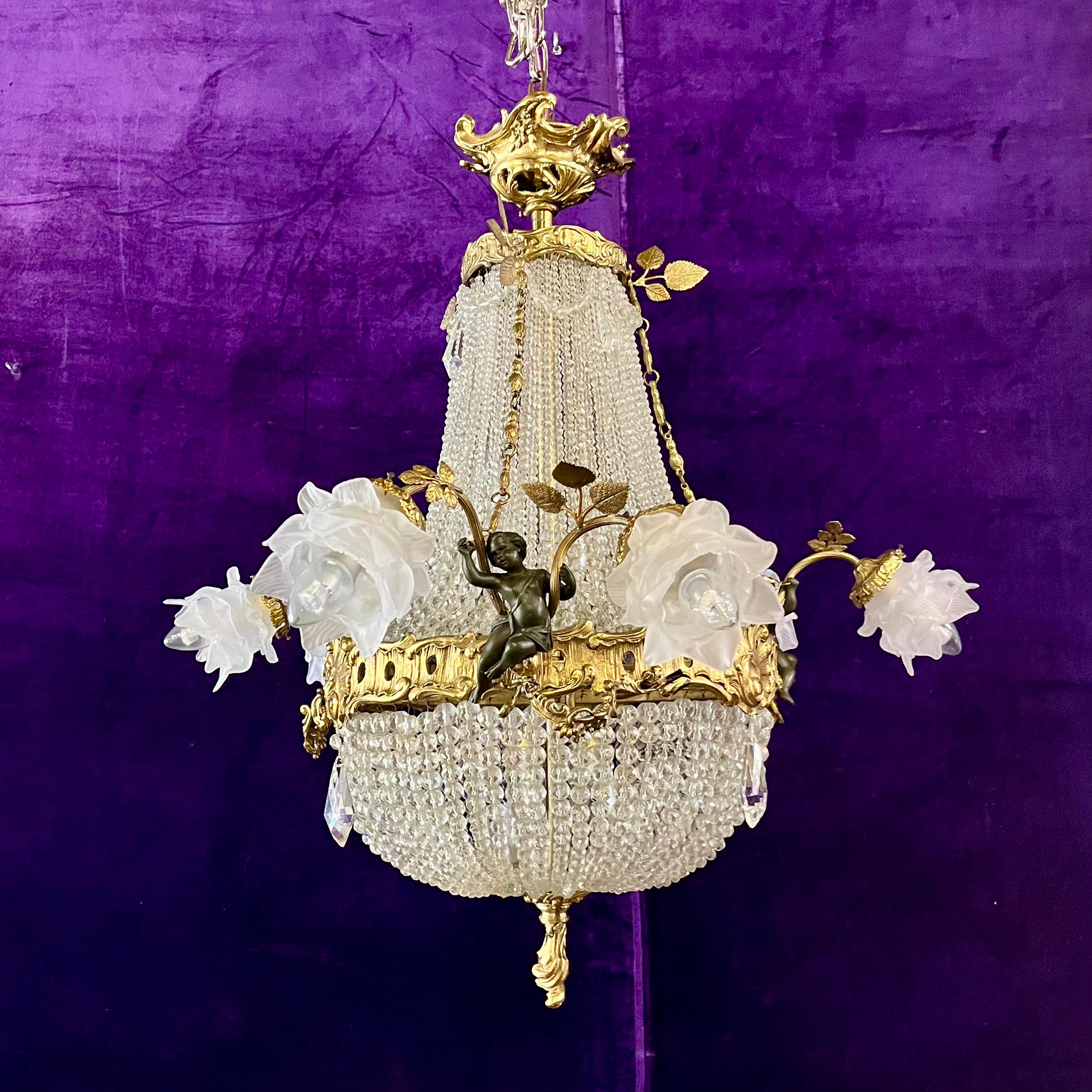 Elegant Neoclassical Chandelier with Cherubs and Frosted Rose Shades, c 1920 - SOLD